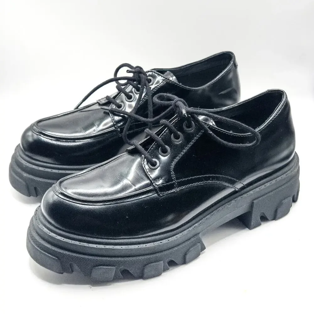 Steve Madden Helga Platform Oxfords Black Leather Size 9 Dark Academia